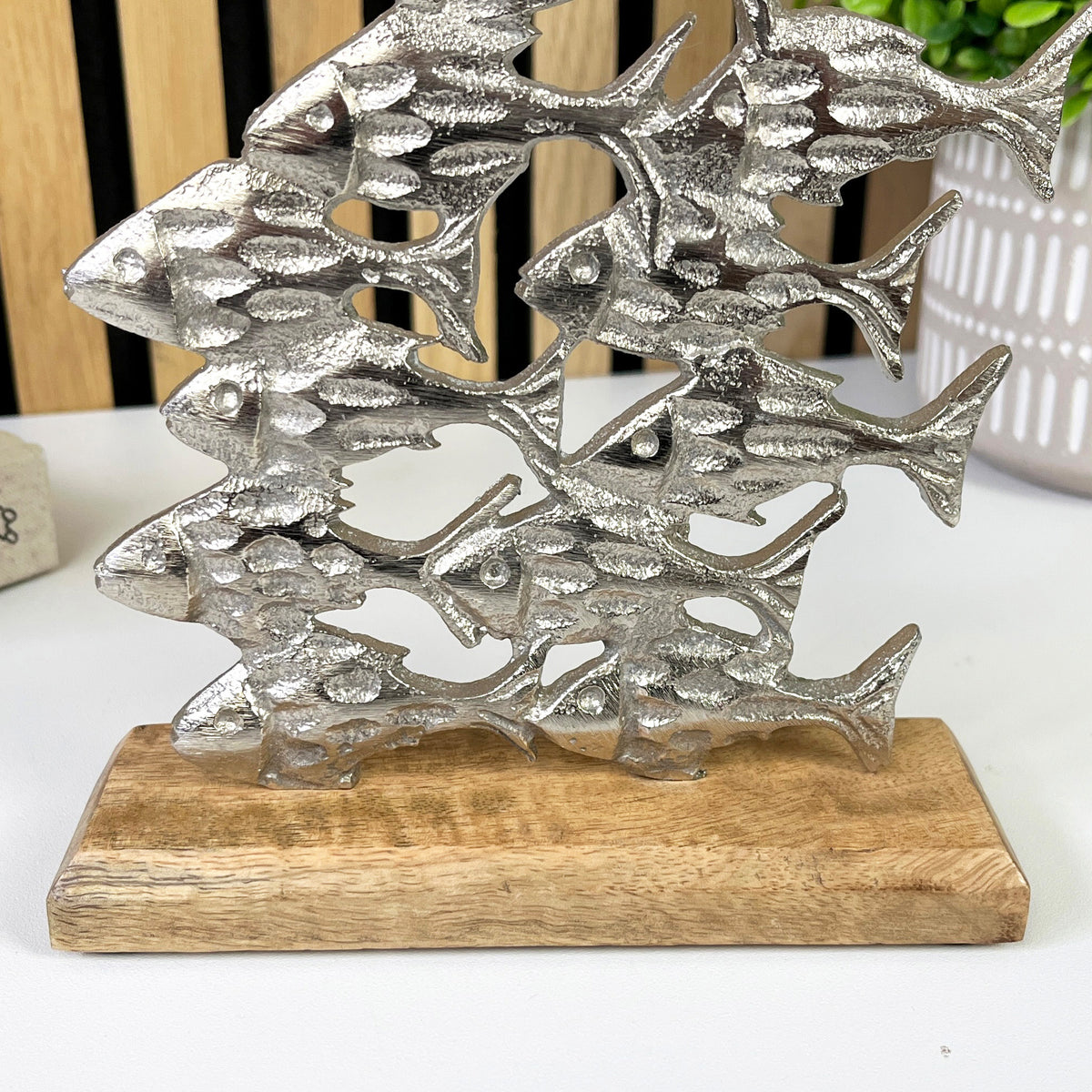 21cm Tall Metal Shoal of Fishes on Wood Ornament