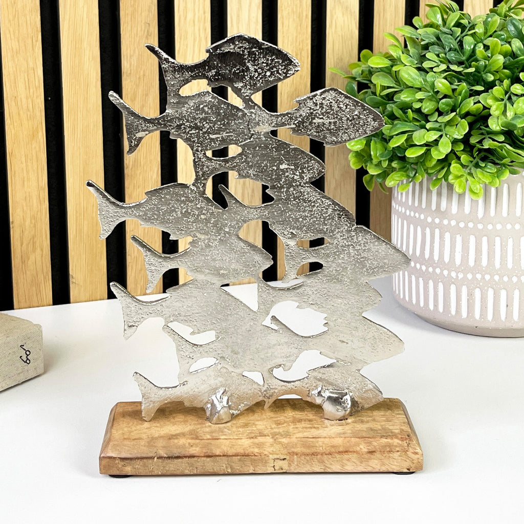 21cm Tall Metal Shoal of Fishes on Wood Ornament