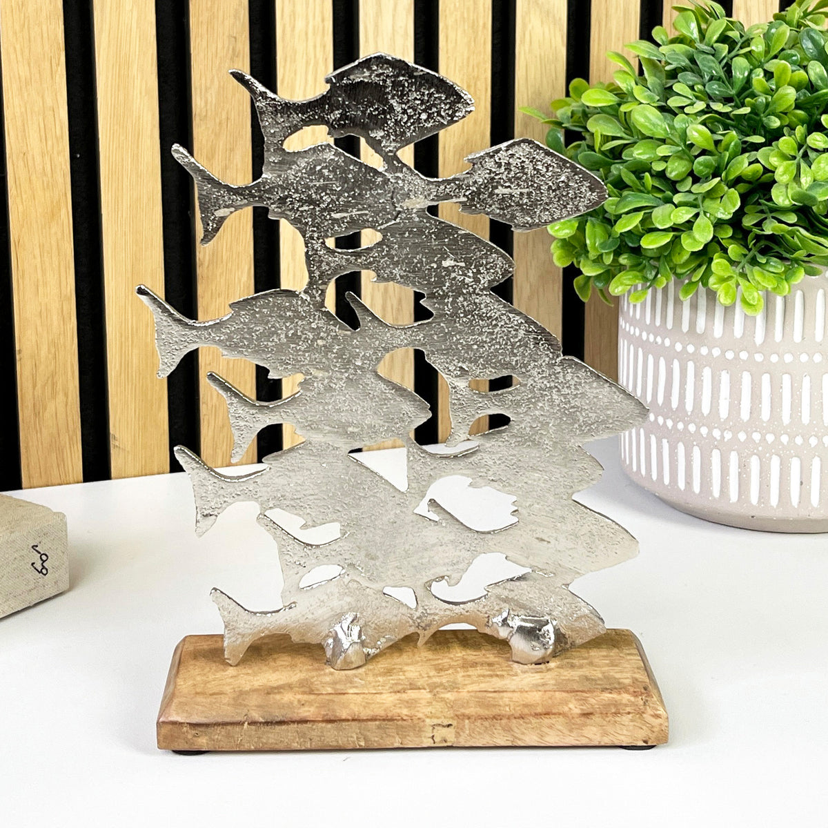 21cm Tall Metal Shoal of Fishes on Wood Ornament