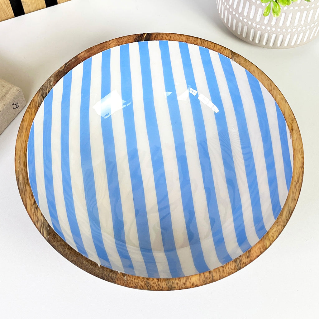 25.5cm Decorative Wooden Bowl with Enamel Blue Striped Design