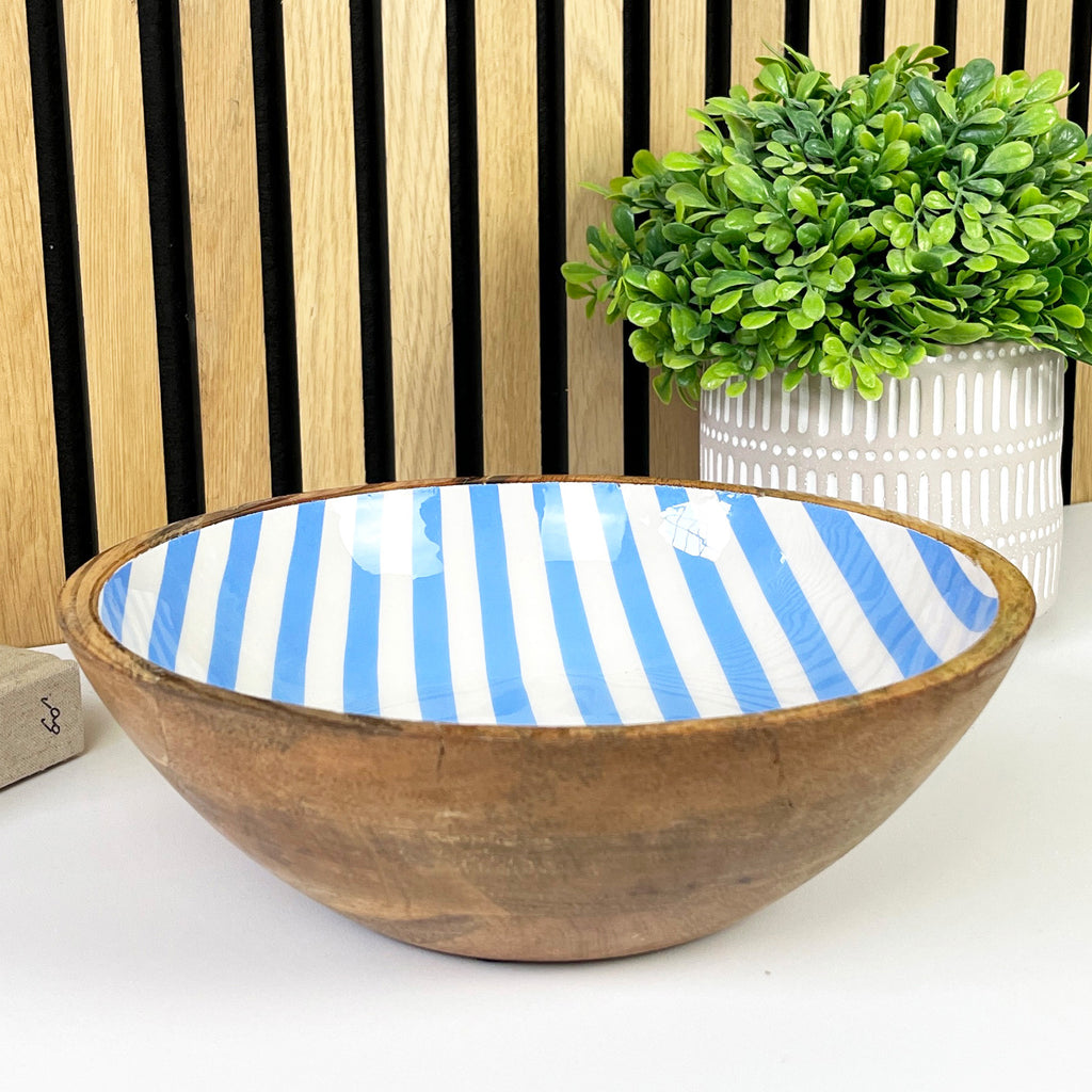 25.5cm Decorative Wooden Bowl with Enamel Blue Striped Design