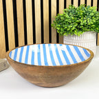 25.5cm Decorative Wooden Bowl with Enamel Blue Striped Design