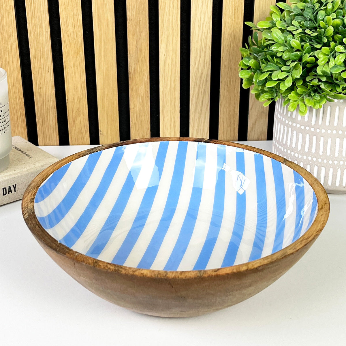 25.5cm Decorative Wooden Bowl with Enamel Blue Striped Design