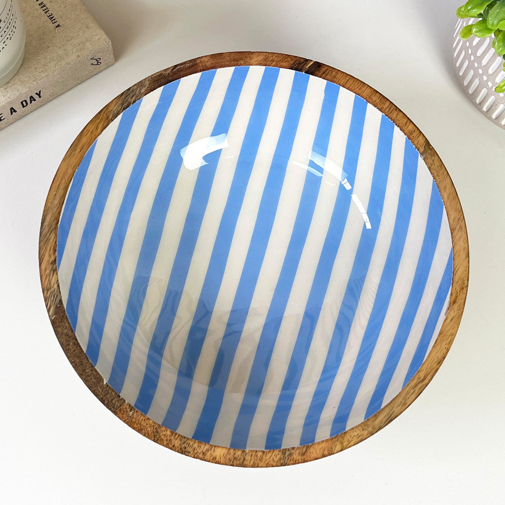 25.5cm Decorative Wooden Bowl with Enamel Blue Striped Design
