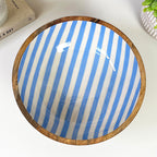 25.5cm Decorative Wooden Bowl with Enamel Blue Striped Design
