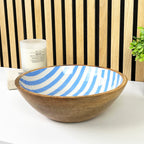 25.5cm Decorative Wooden Bowl with Enamel Blue Striped Design
