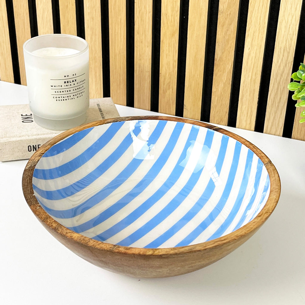 25.5cm Decorative Wooden Bowl with Enamel Blue Striped Design