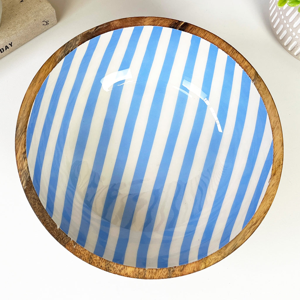 25.5cm Decorative Wooden Bowl with Enamel Blue Striped Design