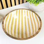 25.5cm Decorative Wooden Bowl with Enamel Yellow Striped Design