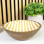 25.5cm Decorative Wooden Bowl with Enamel Yellow Striped Design