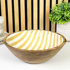 25.5cm Decorative Wooden Bowl with Enamel Yellow Striped Design