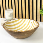 25.5cm Decorative Wooden Bowl with Enamel Yellow Striped Design