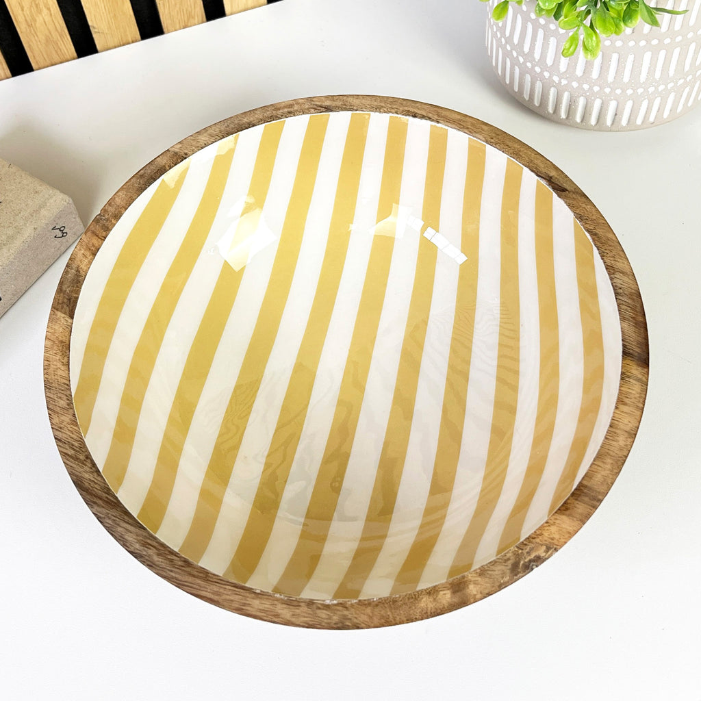 25.5cm Decorative Wooden Bowl with Enamel Yellow Striped Design