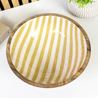 25.5cm Decorative Wooden Bowl with Enamel Yellow Striped Design