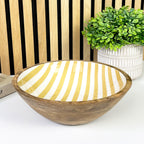 25.5cm Decorative Wooden Bowl with Enamel Yellow Striped Design