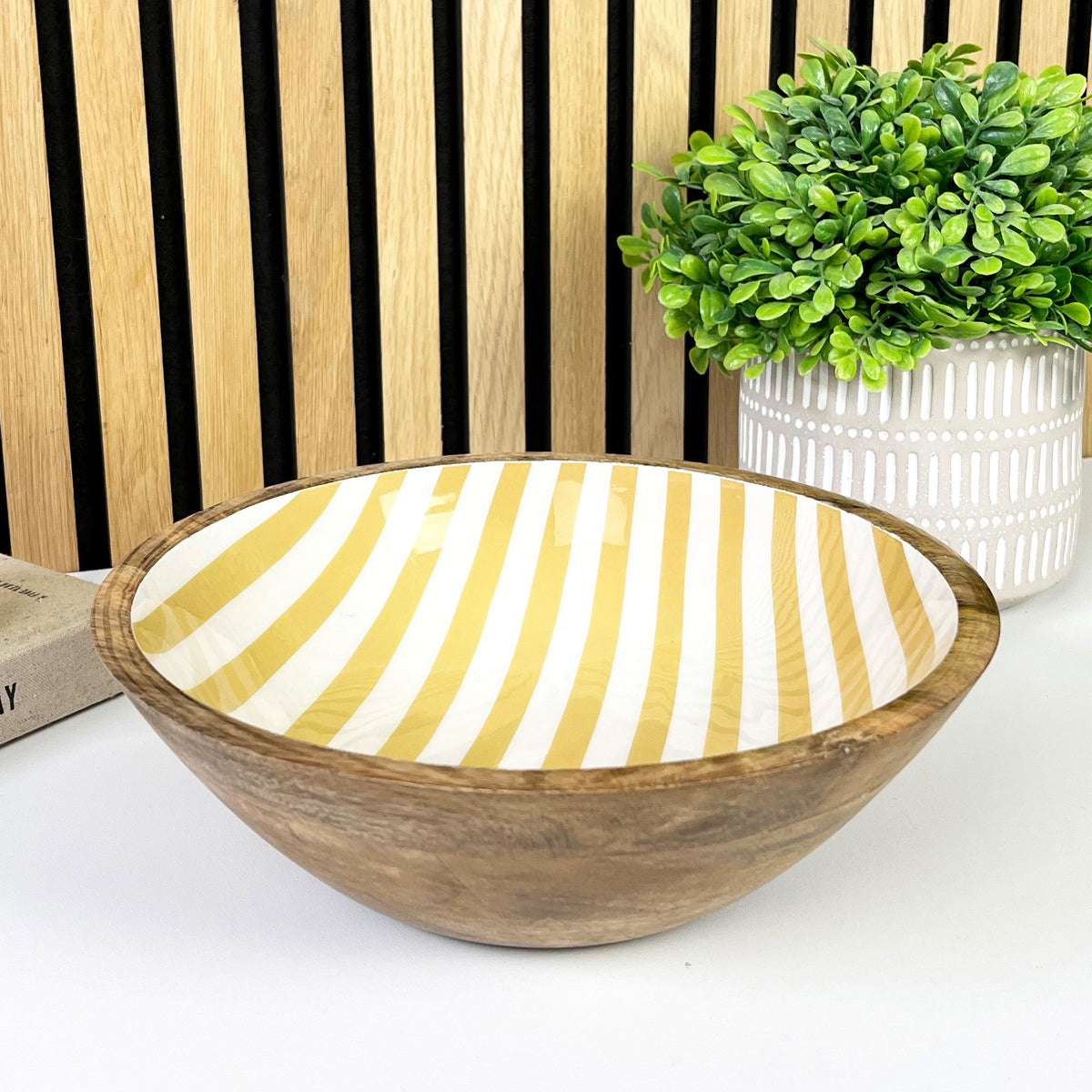 25.5cm Decorative Wooden Bowl with Enamel Yellow Striped Design