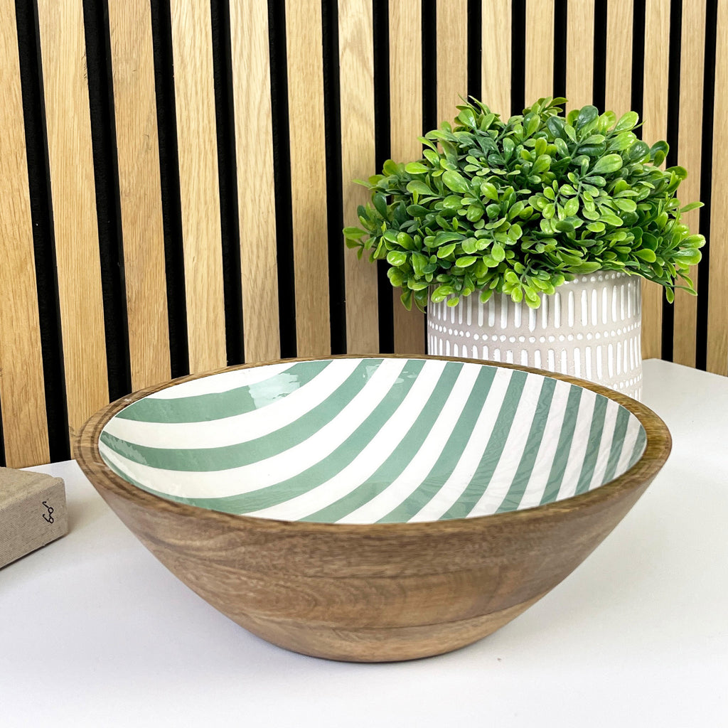 25.5cm Decorative Wooden Bowl with Enamel Green Striped Design