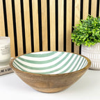 25.5cm Decorative Wooden Bowl with Enamel Green Striped Design
