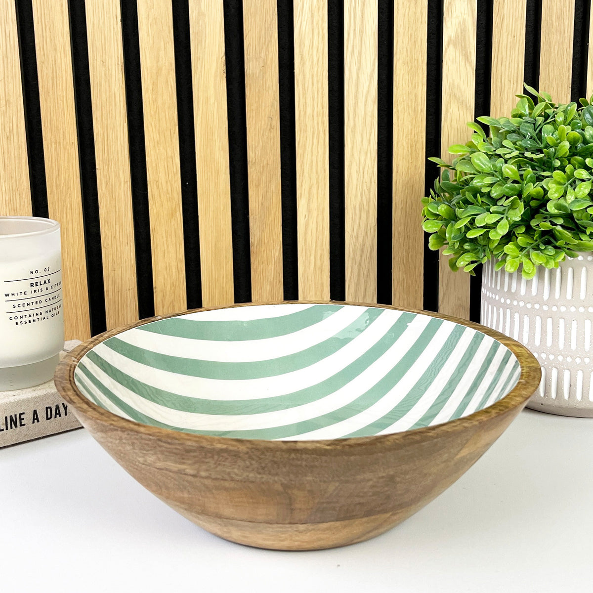 25.5cm Decorative Wooden Bowl with Enamel Green Striped Design