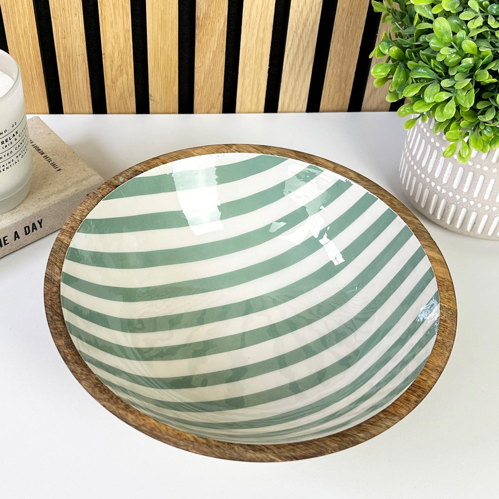 25.5cm Decorative Wooden Bowl with Enamel Green Striped Design
