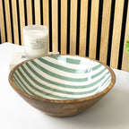 25.5cm Decorative Wooden Bowl with Enamel Green Striped Design