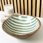 25.5cm Decorative Wooden Bowl with Enamel Green Striped Design