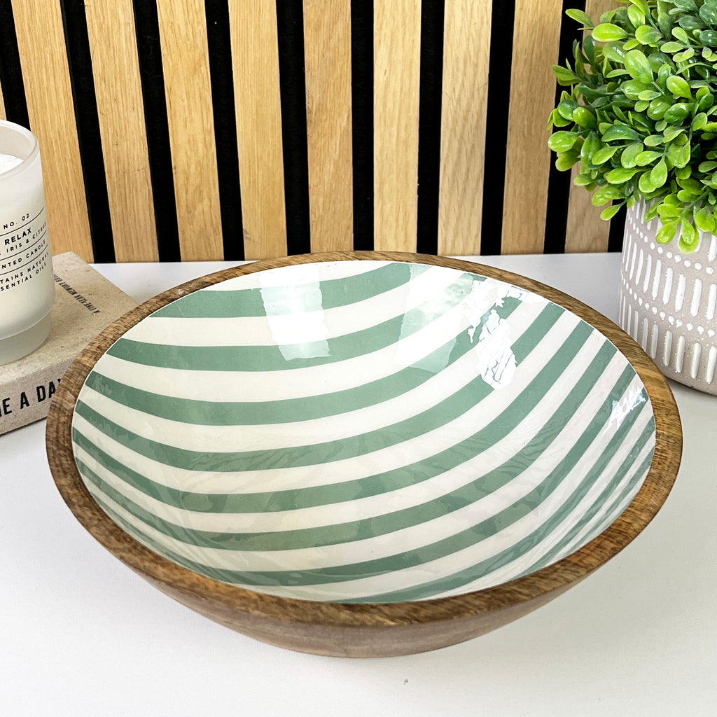 25.5cm Decorative Wooden Bowl with Enamel Green Striped Design
