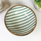 25.5cm Decorative Wooden Bowl with Enamel Green Striped Design