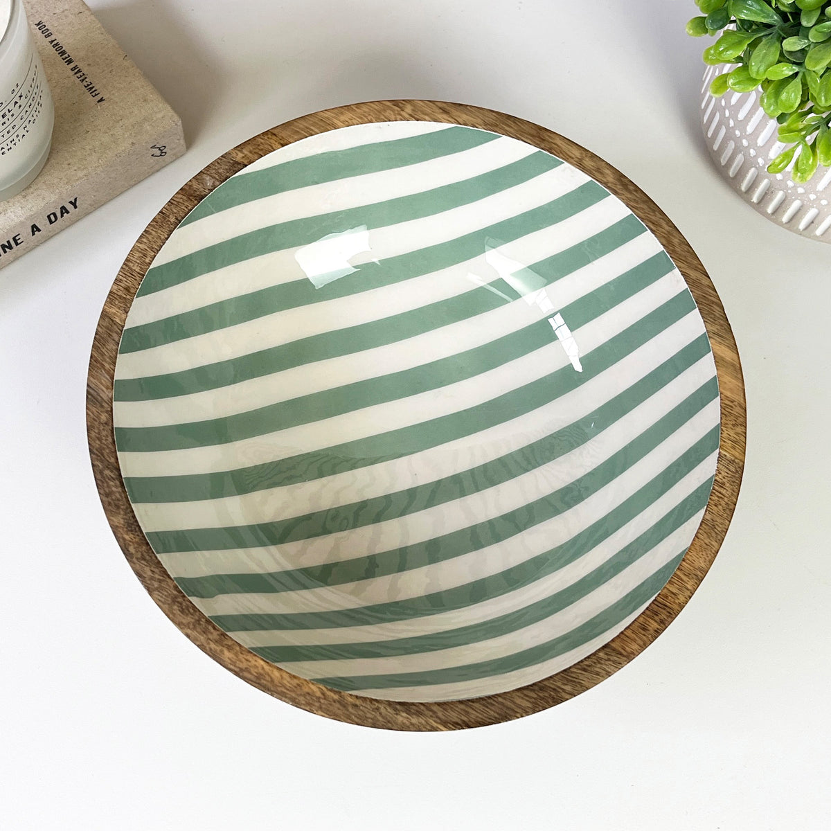 25.5cm Decorative Wooden Bowl with Enamel Green Striped Design