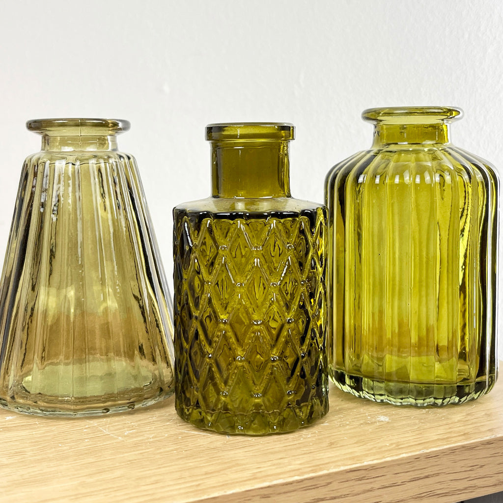 Set of 3 Glass Bud Vases - 'Olive Green'