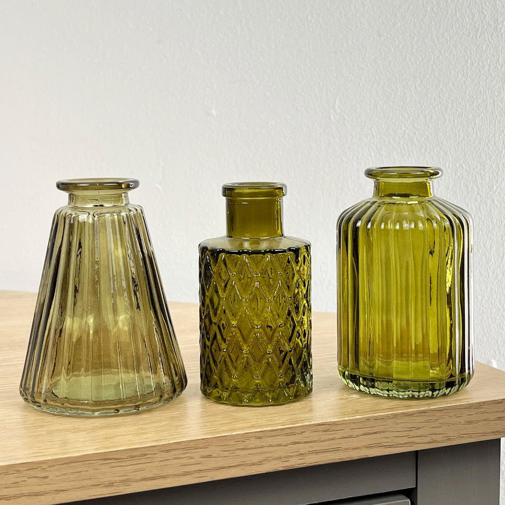 Set of 3 Glass Bud Vases - 'Olive Green'