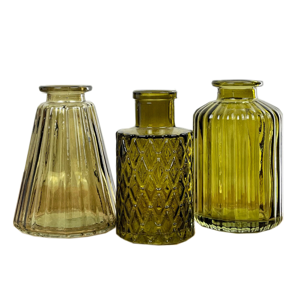 Set of 3 Glass Bud Vases - 'Olive Green'