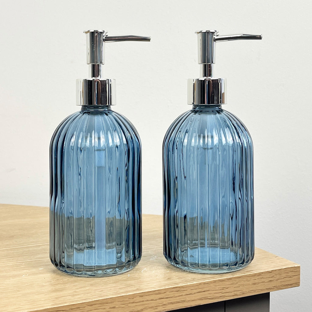 Set of 2 x 350ml Ribbed Glass Soap Dispenser – Blue
