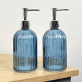 Set of 2 x 350ml Ribbed Glass Soap Dispenser – Blue