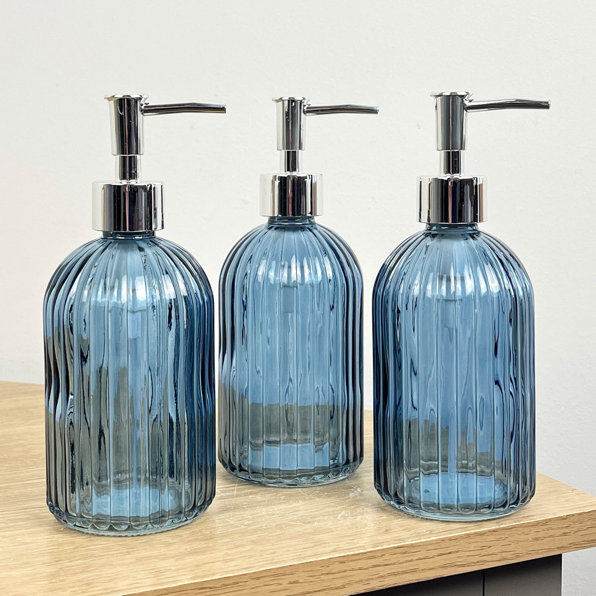Set of 3 x 350ml Ribbed Glass Soap Dispenser – Blue
