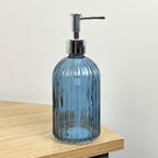 Set of 2 x 350ml Ribbed Glass Soap Dispenser – Blue