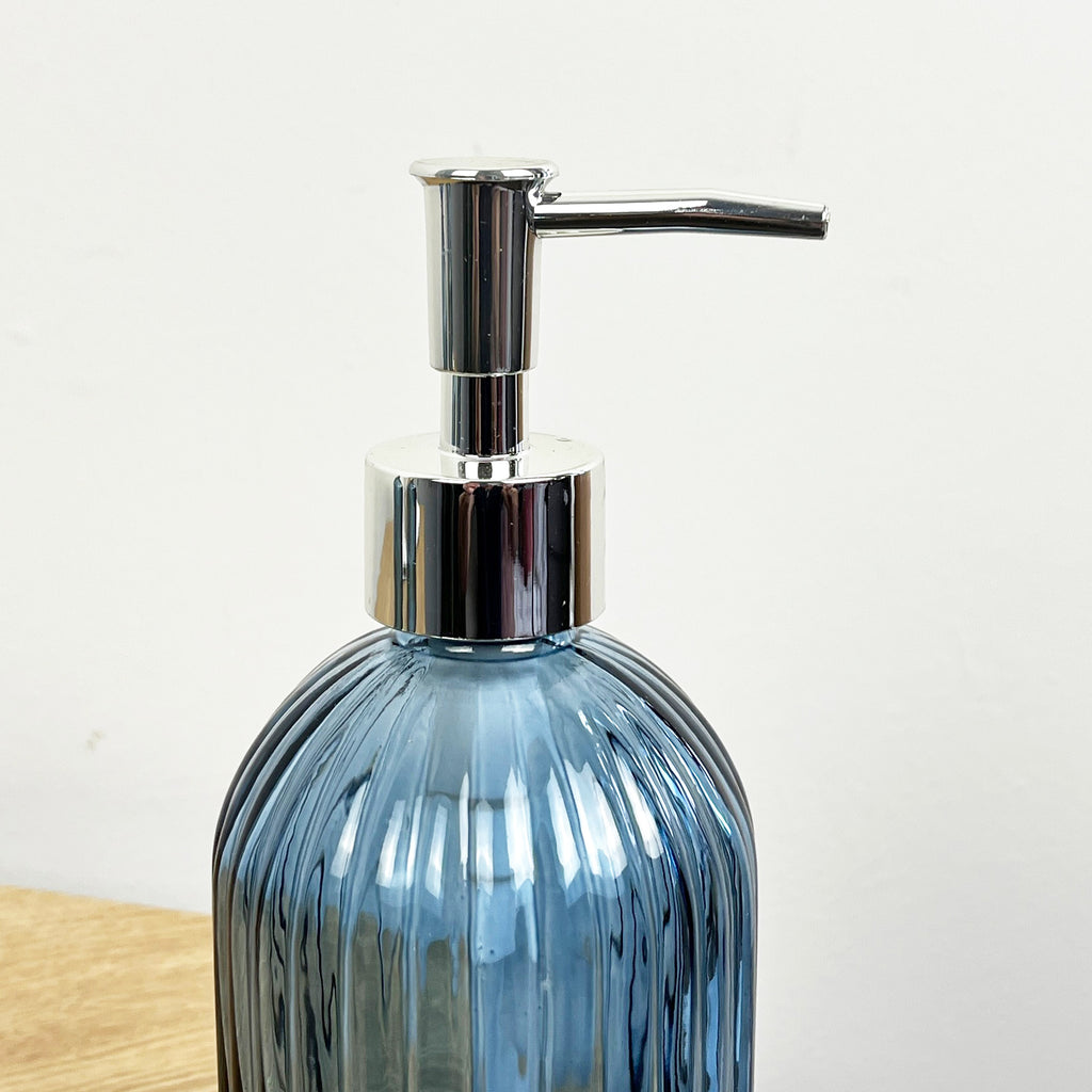 Set of 2 x 350ml Ribbed Glass Soap Dispenser – Blue