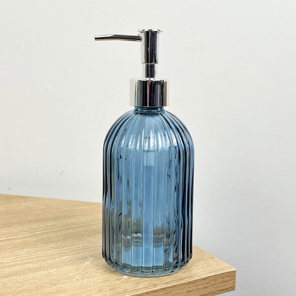 Set of 2 x 350ml Ribbed Glass Soap Dispenser – Blue