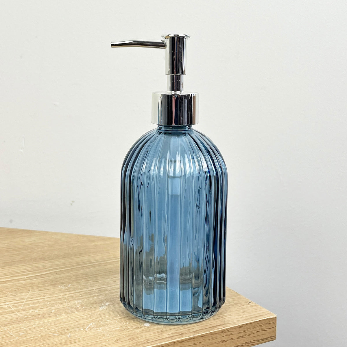 Set of 2 x 350ml Ribbed Glass Soap Dispenser – Blue