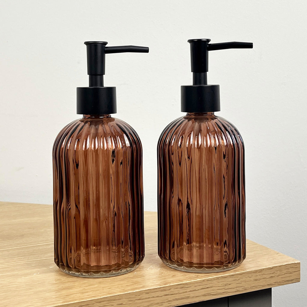 Set of 2 x 350ml Ribbed Glass Soap Dispenser – Amber