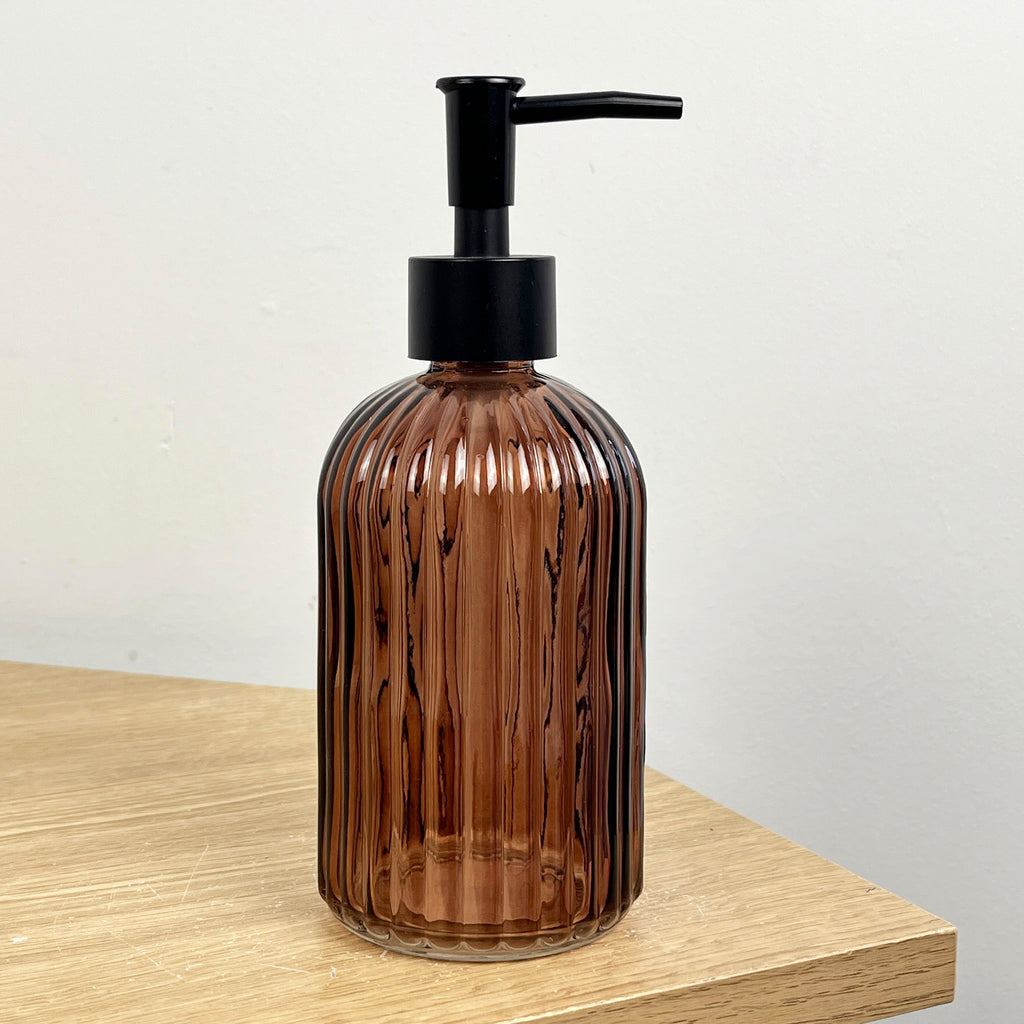 Set of 2 x 350ml Ribbed Glass Soap Dispenser – Amber