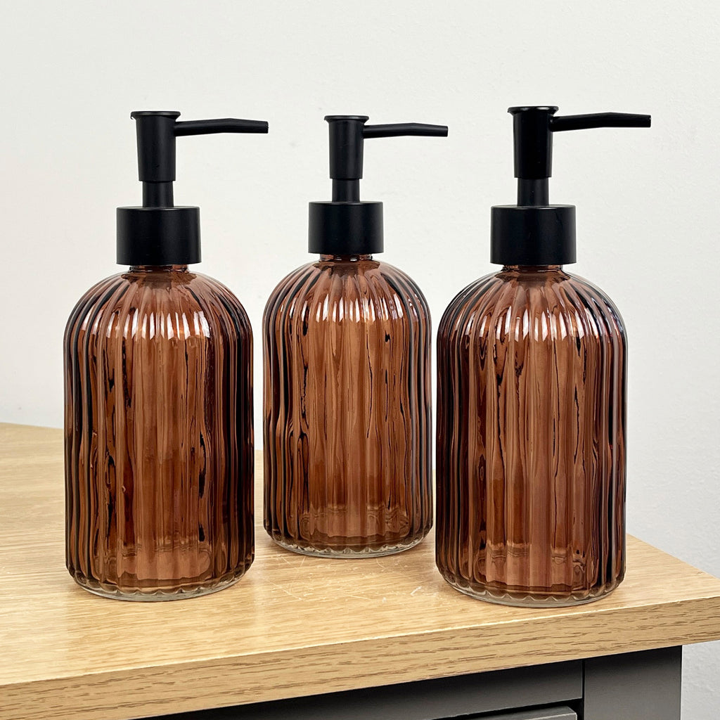 Set of 3 x 350ml Ribbed Glass Soap Dispenser – Amber