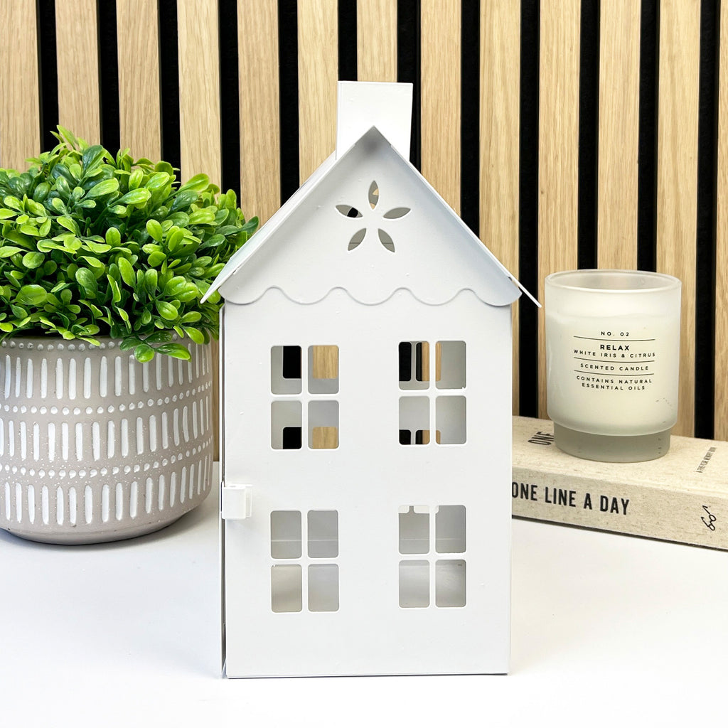 25.5cm Large White Metal House Candle Holder