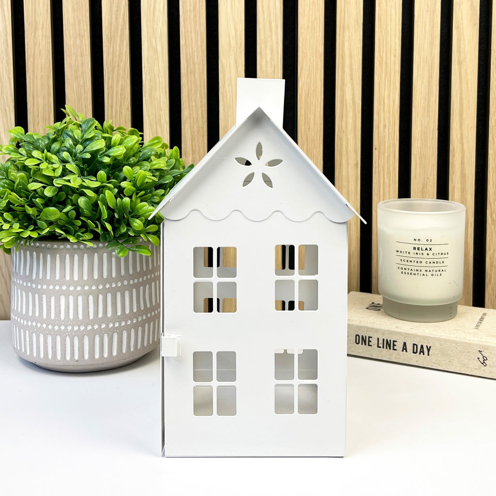 25.5cm Large White Metal House Candle Holder