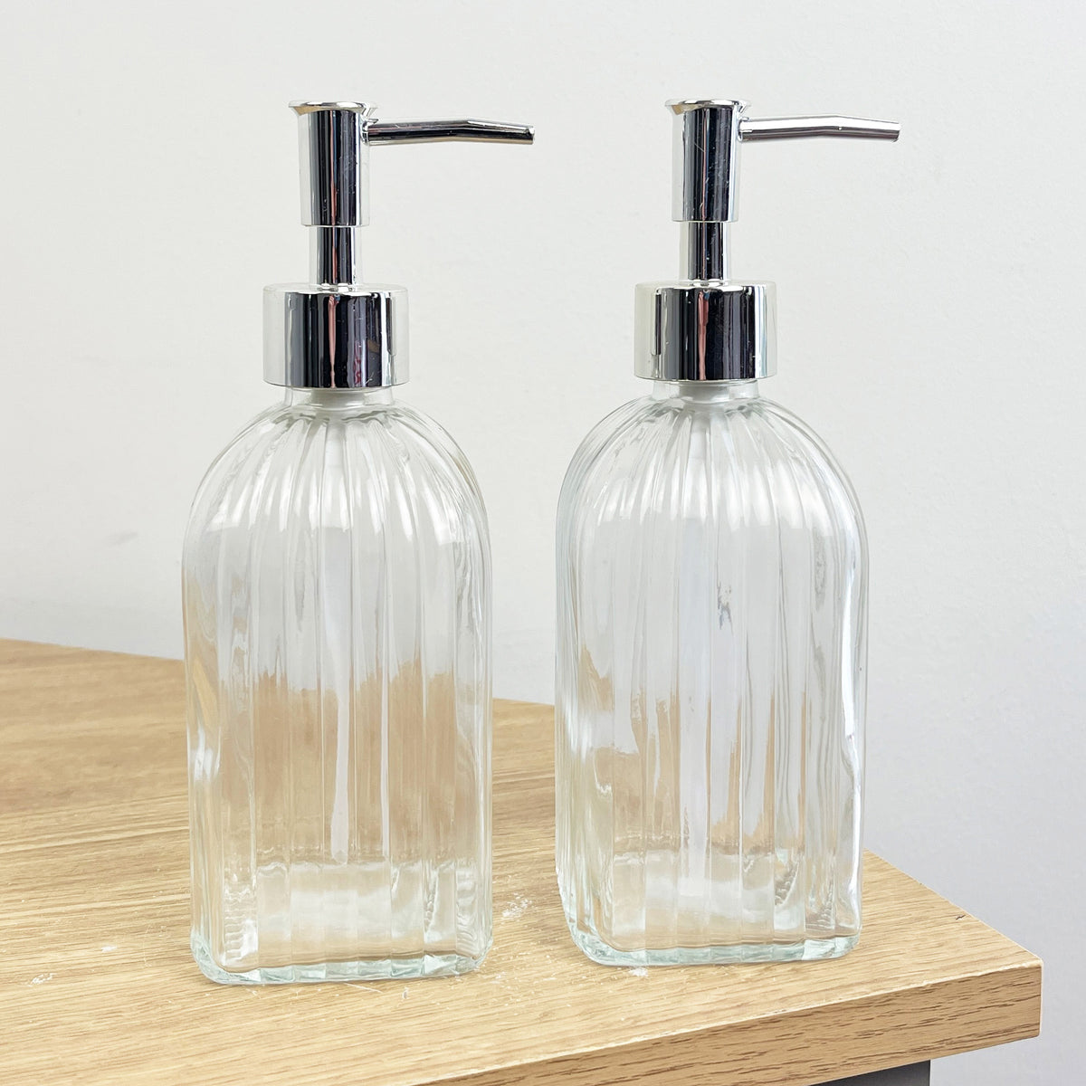 2 x 0.4 Litre Ribbed Glass Soap Dispenser with Pump - Clear