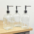 3 x 0.4 Litre Ribbed Glass Soap Dispenser with Pump - Clear