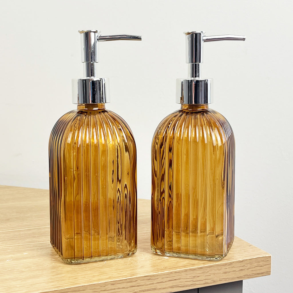 2 x 0.4 Litre Ribbed Glass Soap Dispenser with Pump - Amber