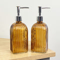 2 x 0.4 Litre Ribbed Glass Soap Dispenser with Pump - Amber