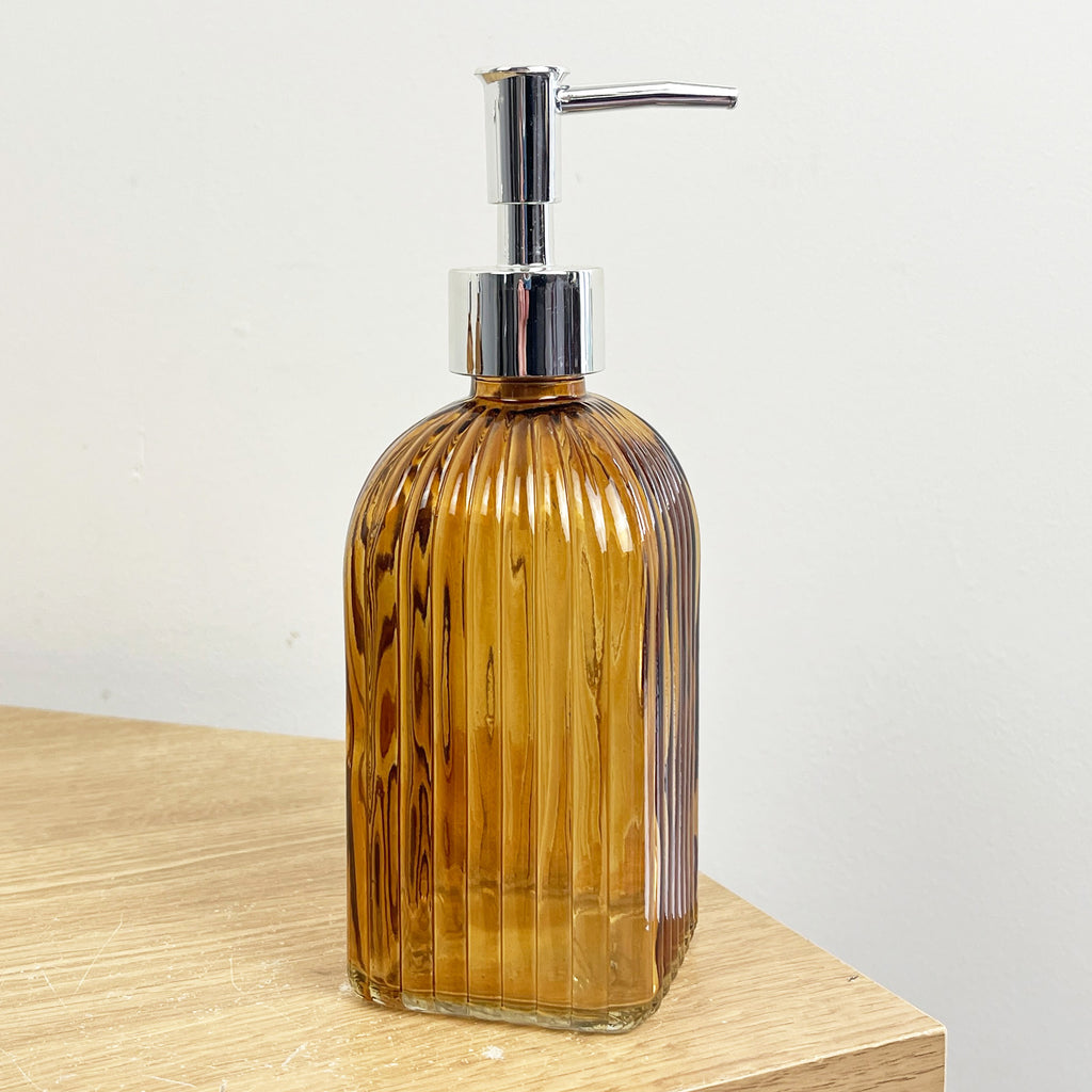 2 x 0.4 Litre Ribbed Glass Soap Dispenser with Pump - Amber