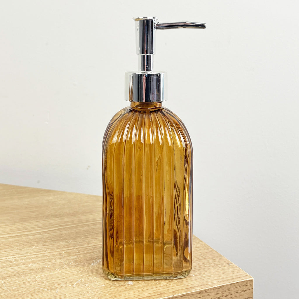 2 x 0.4 Litre Ribbed Glass Soap Dispenser with Pump - Amber
